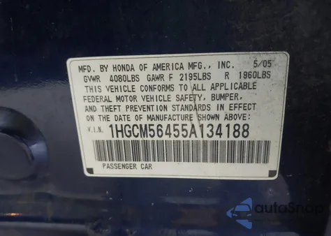 2005 Honda Accord 2.4 Lx z USA, uszkodzony, nr VIN 1HGCM56455A134188